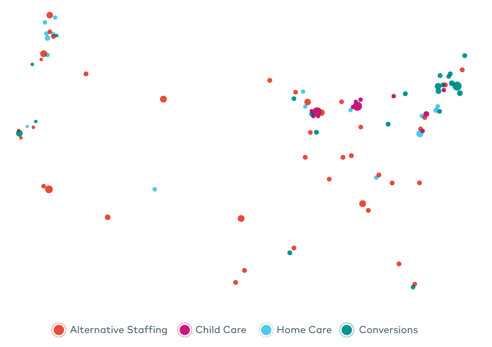 A map of the united states, showing dots for alternative staffing, child care, home care, and conversions.