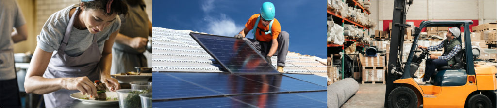 Three photos of workers plating food, installing solar panels, and operating a vehicle.